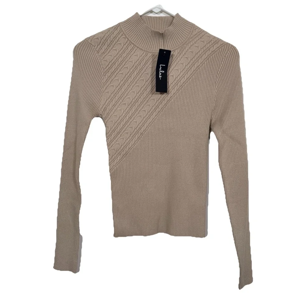 Lulus‎ Curated Forecast Sweater Top XS Beige Ribbed Mock Neck Stretch